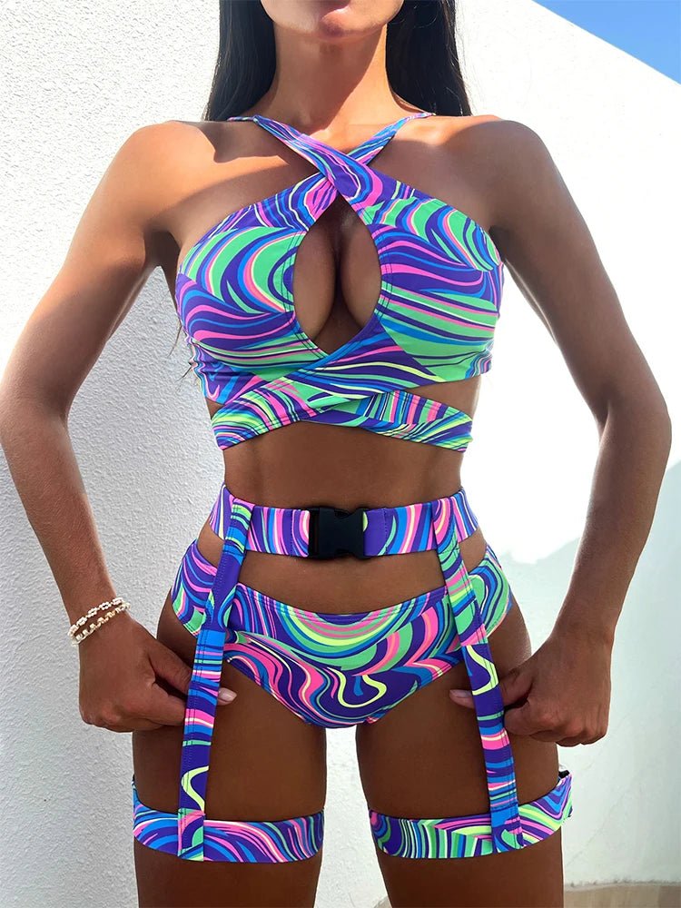 Neon Print Crisscross Garter Bikini Set - Sand & Bliss